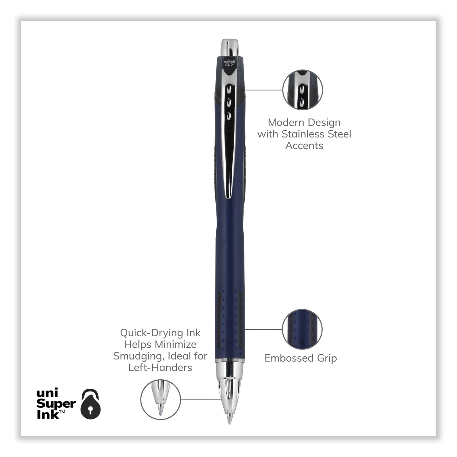 uni-ball Jetstream Retractable Hybrid Gel Pen, Fine 0.7 mm, Black Ink, Blue/Silver Barrel (62152)