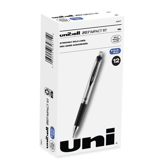 uni-ball 207 Impact Gel Pen, Retractable, Bold 1 mm, Blue Ink, Black/Blue Barrel (65871)