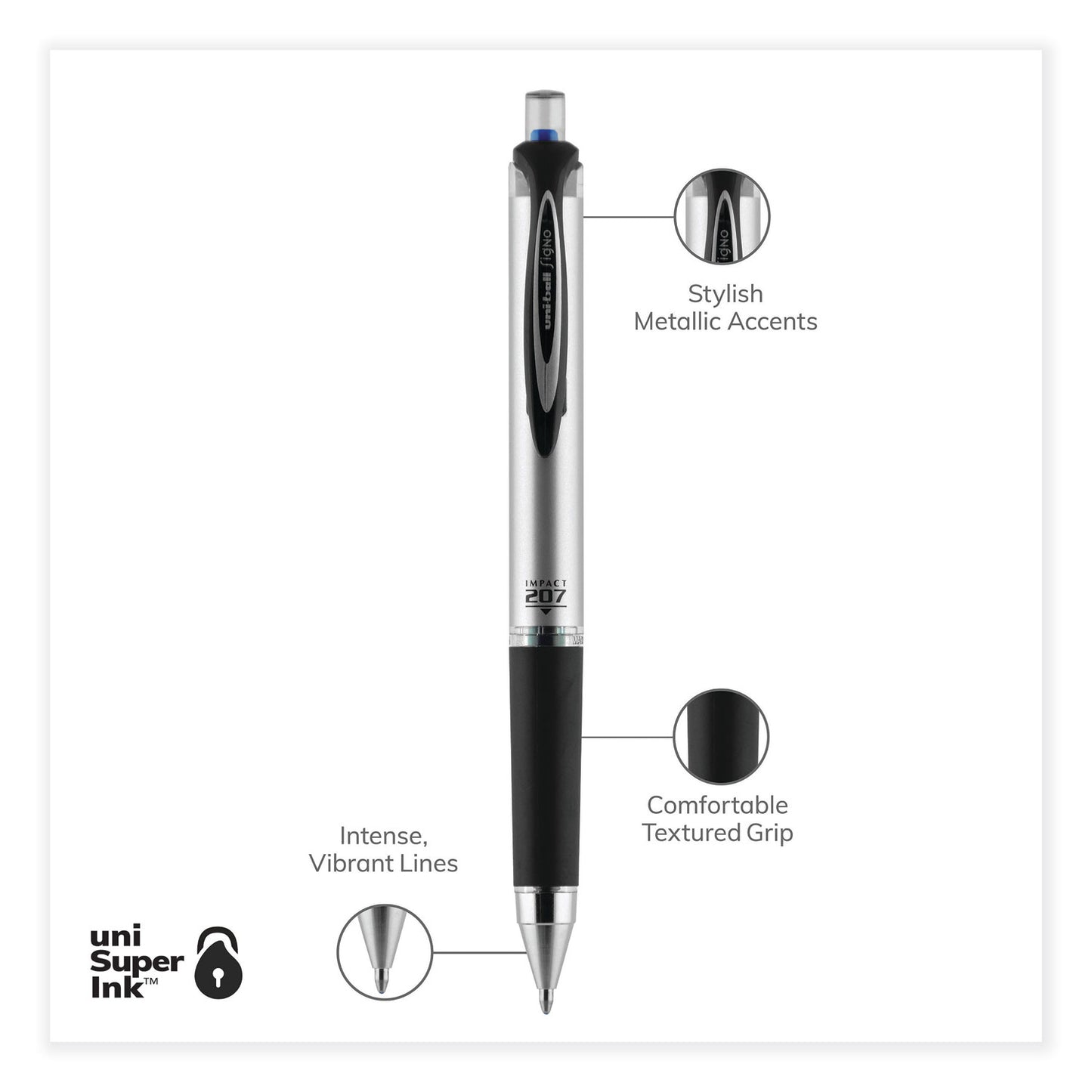 uni-ball 207 Impact Gel Pen, Retractable, Bold 1 mm, Blue Ink, Black/Blue Barrel (65871)