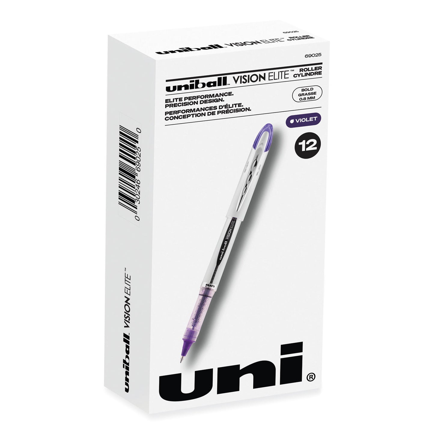 uni-ball VISION ELITE Hybrid Gel Pen, Stick, Bold 0.8 mm, Violet Ink, White/Violet/Clear Barrel (69025)