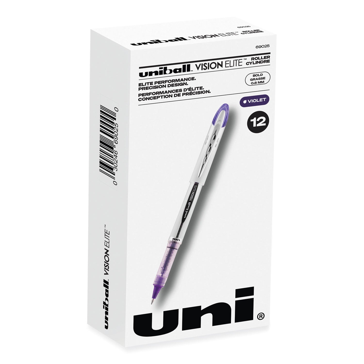 uni-ball VISION ELITE Hybrid Gel Pen, Stick, Bold 0.8 mm, Violet Ink, White/Violet/Clear Barrel (69025)
