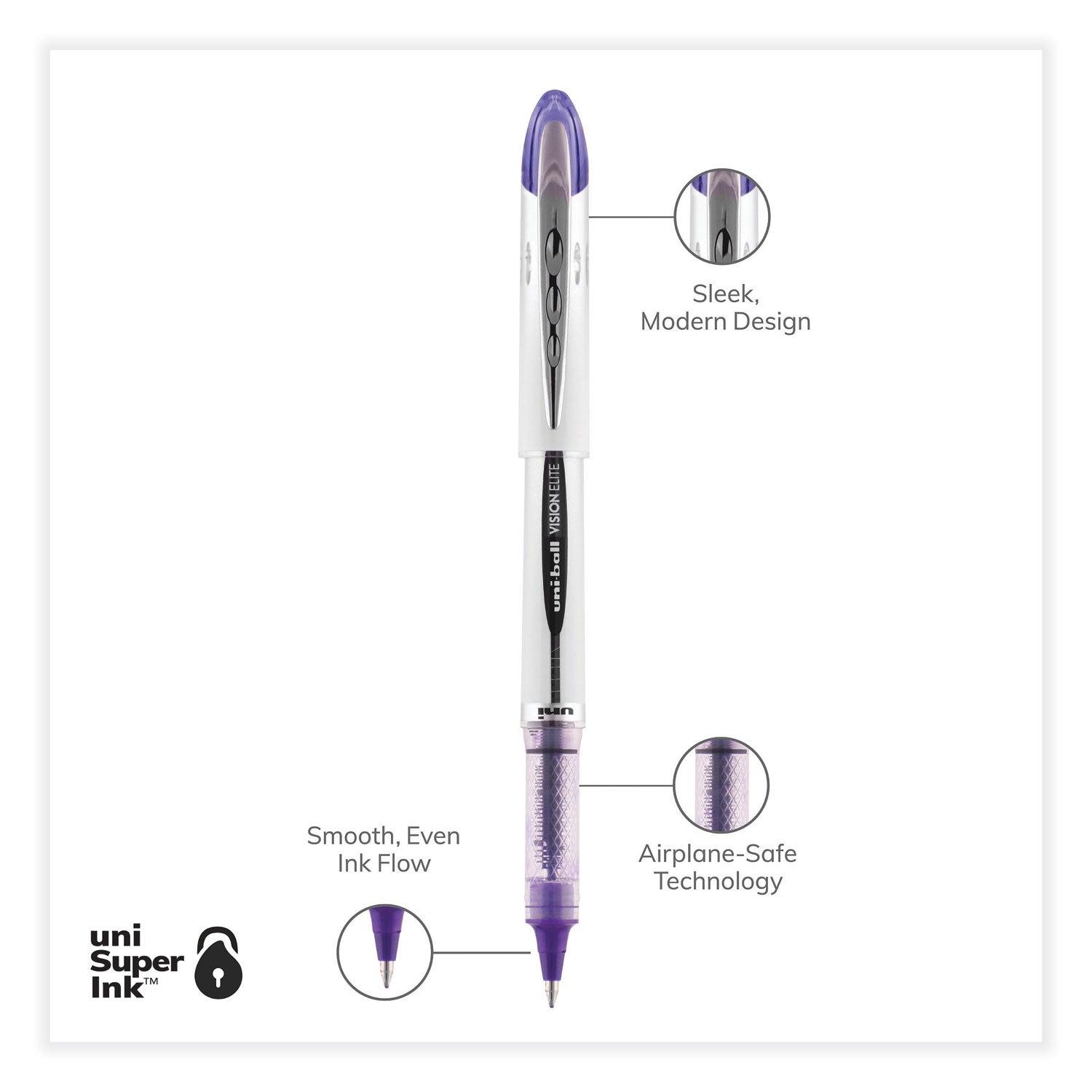 uni-ball VISION ELITE Hybrid Gel Pen, Stick, Bold 0.8 mm, Violet Ink, White/Violet/Clear Barrel (69025)