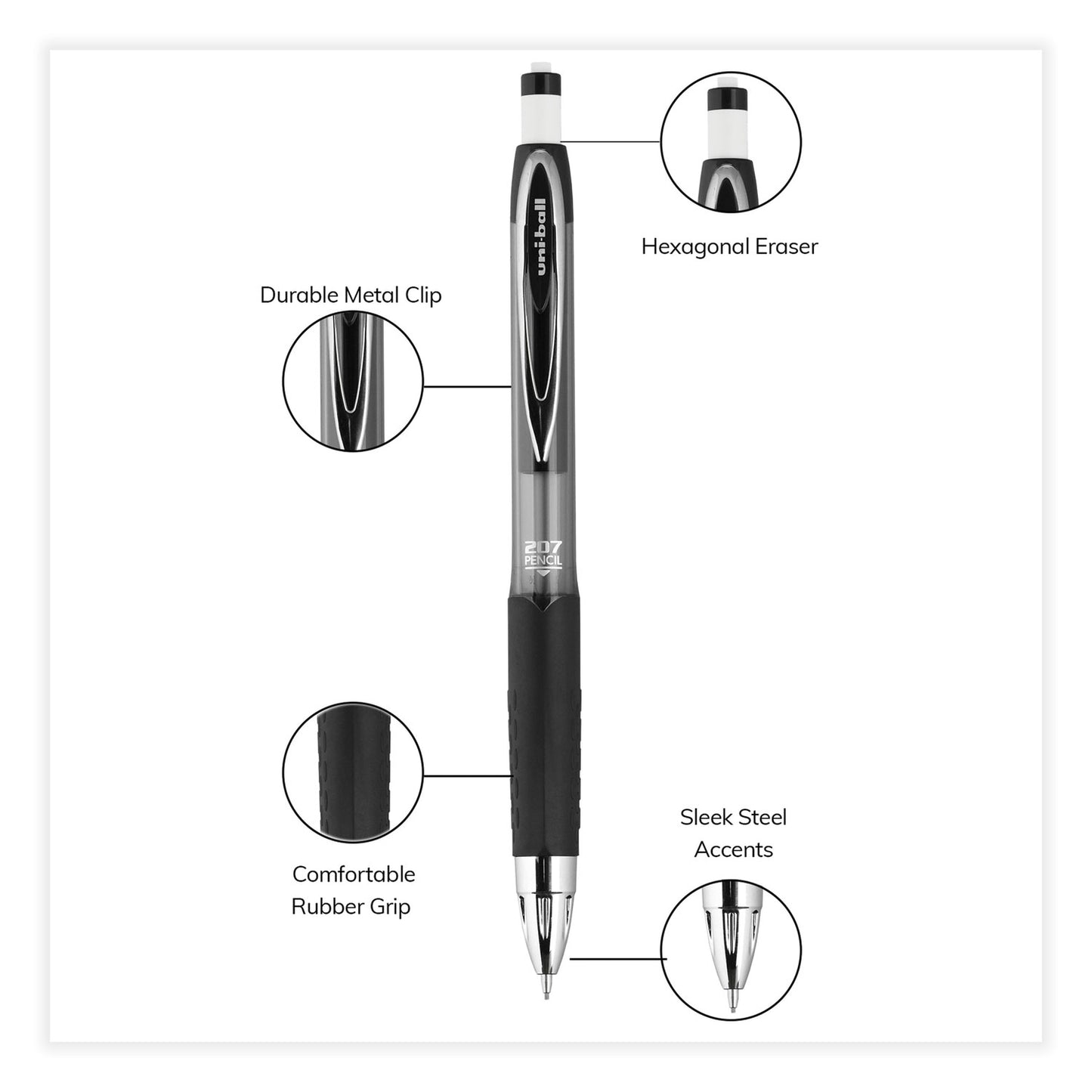 uni-ball 207 Mechanical Pencil, 0.7 mm, HB (#2), Black Lead, Black Barrel, Dozen (70126)