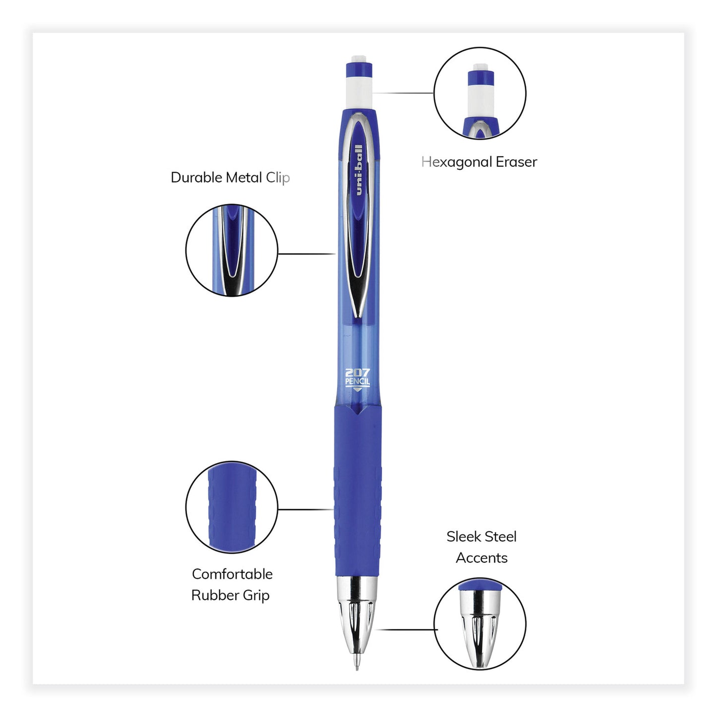 uni-ball 207 Mechanical Pencil, 0.7 mm, HB (#2), Black Lead, Blue Barrel, Dozen (70127)