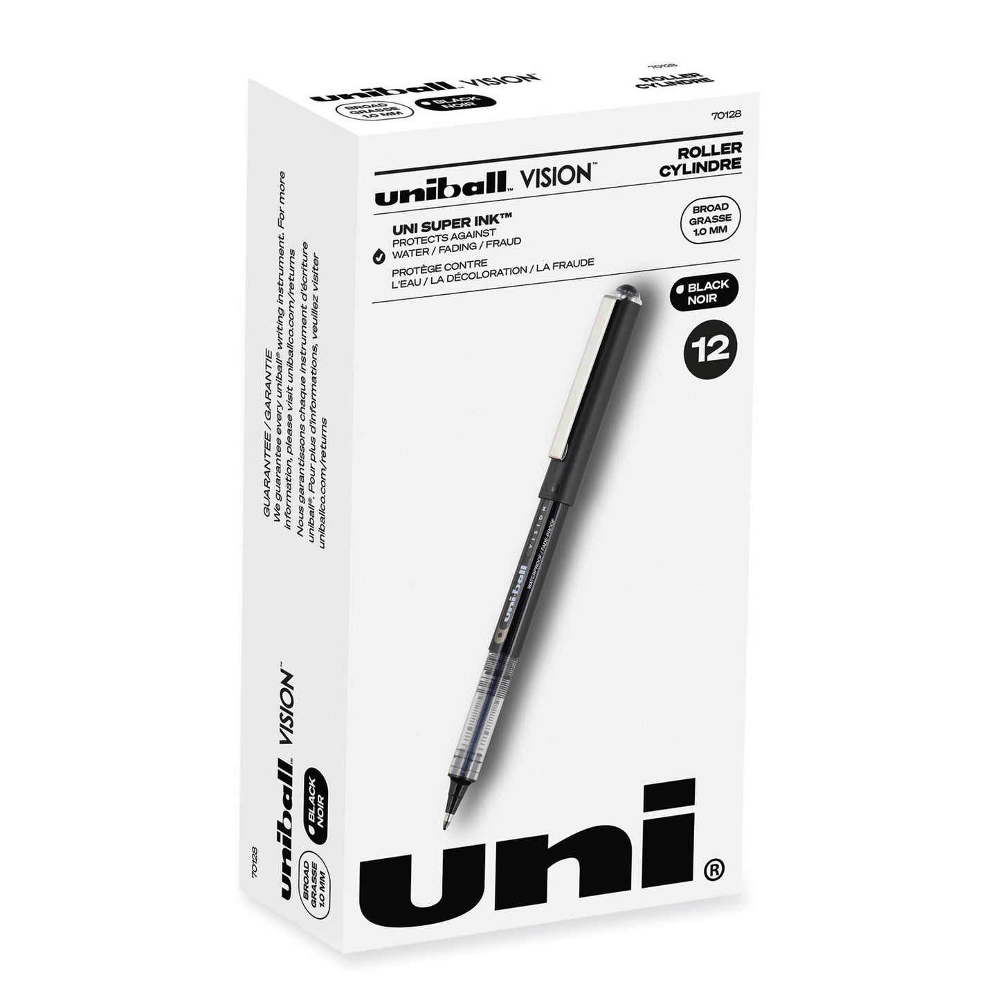 uni-ball VISION Roller Ball Pen, Stick, Bold 1 mm, Black Ink, Gray/Black/Clear Barrel, Dozen (70128)