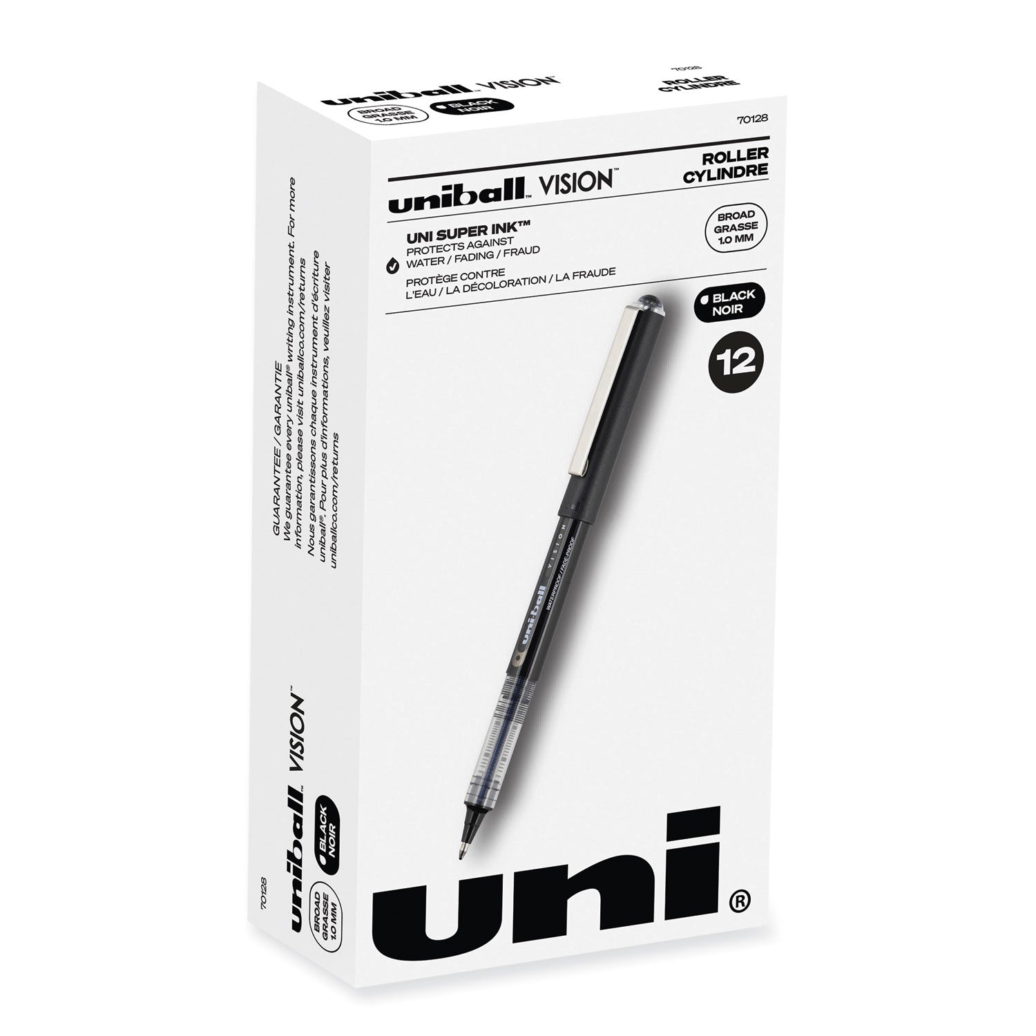 uni-ball VISION Roller Ball Pen, Stick, Bold 1 mm, Black Ink, Gray/Black/Clear Barrel, Dozen (70128)