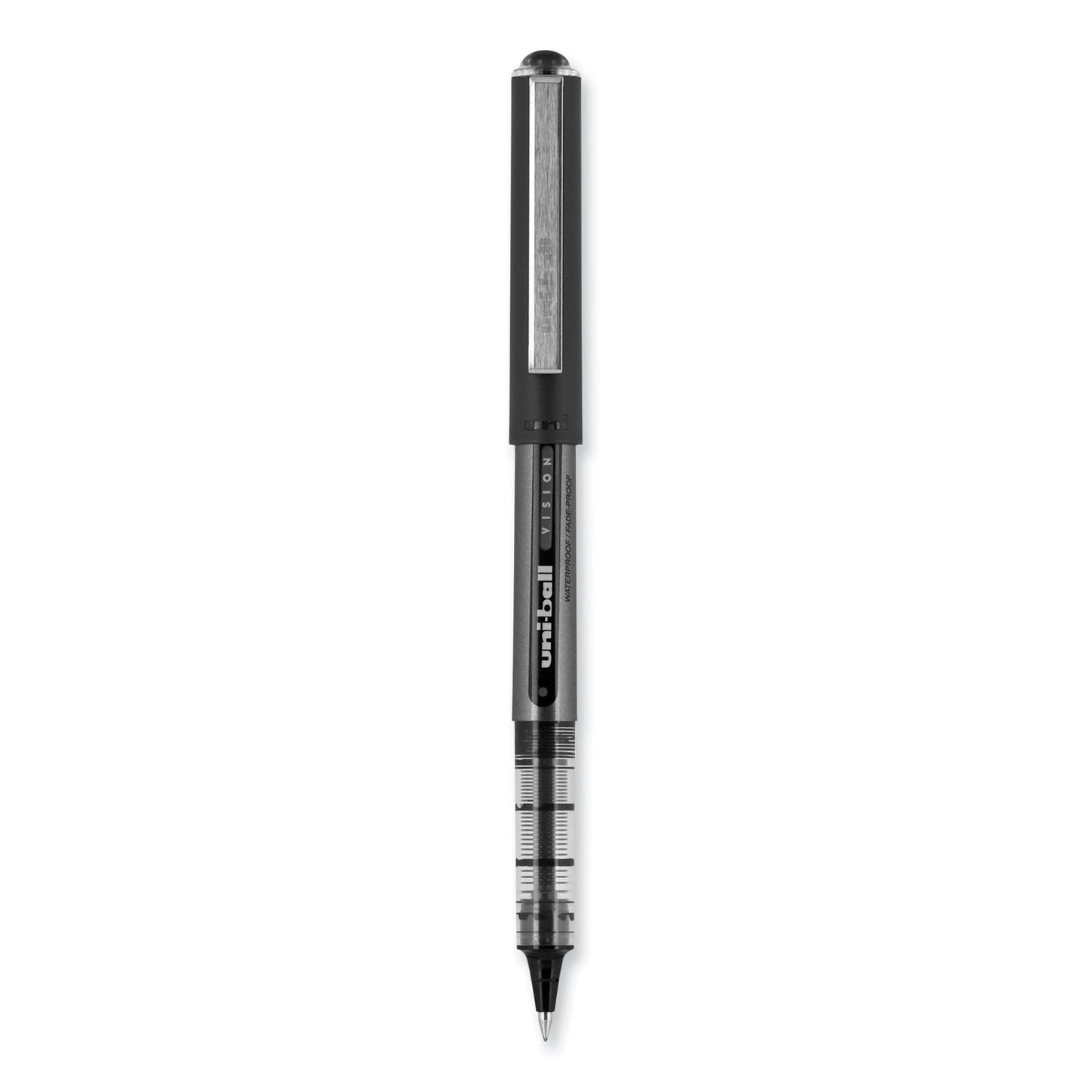 uni-ball VISION Roller Ball Pen, Stick, Bold 1 mm, Black Ink, Gray/Black/Clear Barrel, Dozen (70128)