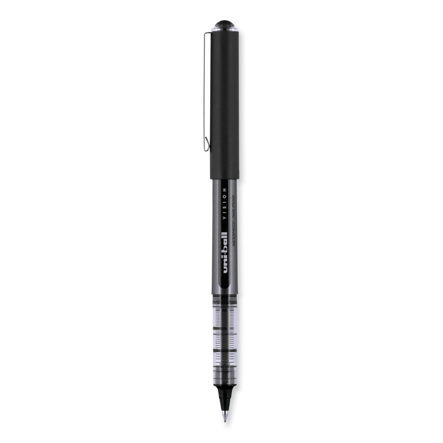 uni-ball VISION Roller Ball Pen, Stick, Bold 1 mm, Black Ink, Gray/Black/Clear Barrel, Dozen (70128)