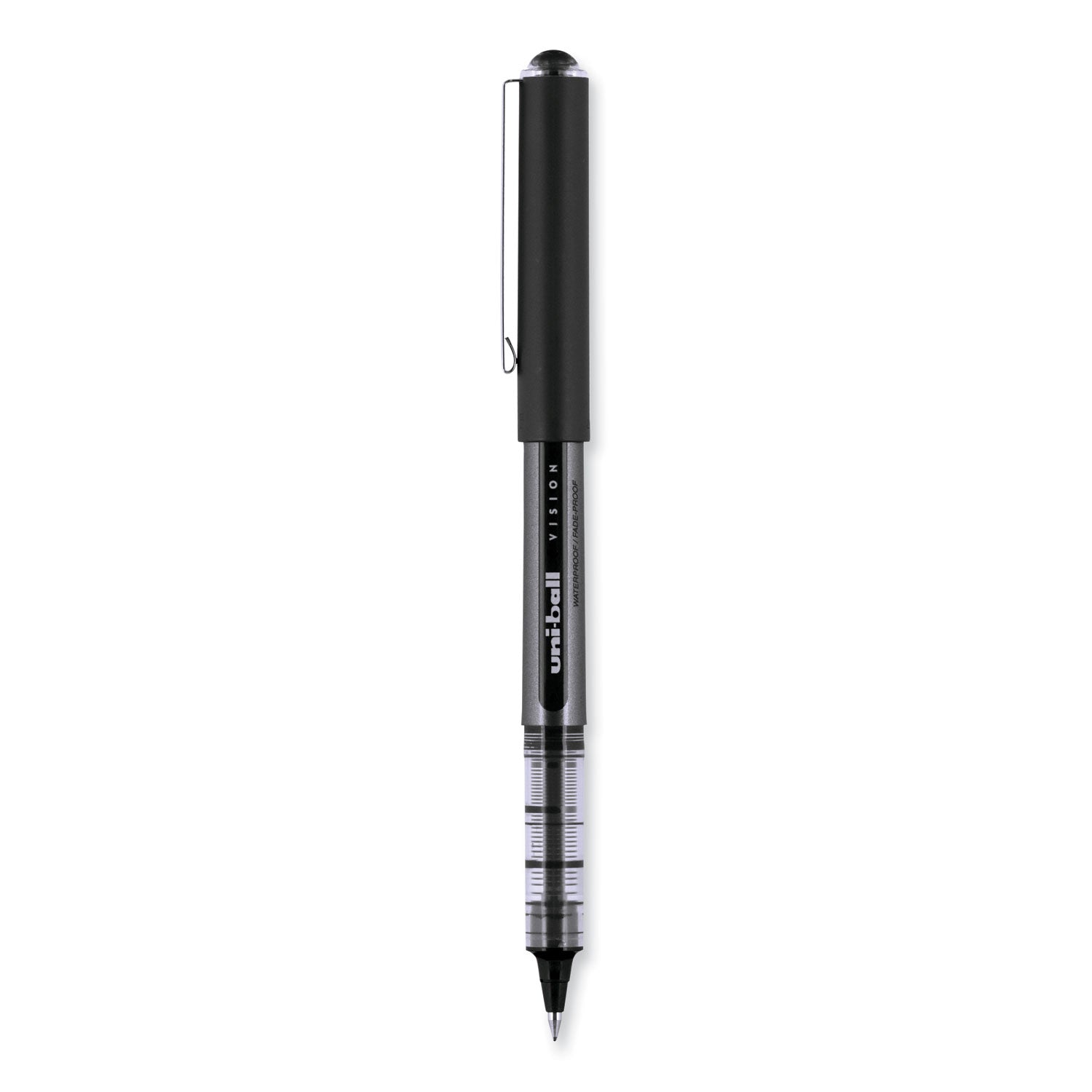 uni-ball VISION Roller Ball Pen, Stick, Bold 1 mm, Black Ink, Gray/Black/Clear Barrel, Dozen (70128)