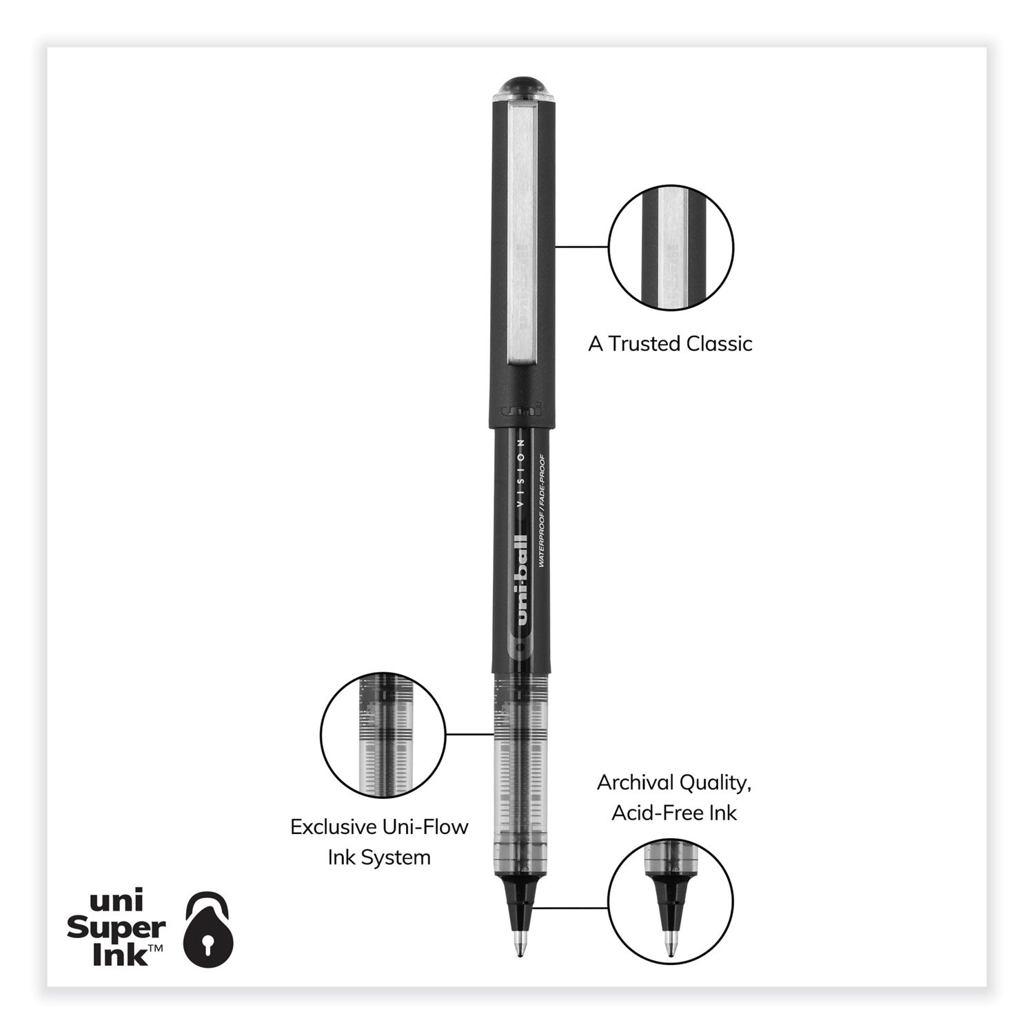 uni-ball VISION Roller Ball Pen, Stick, Bold 1 mm, Black Ink, Gray/Black/Clear Barrel, Dozen (70128)