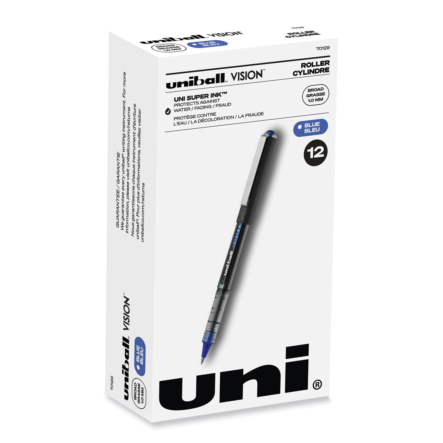 uni-ball VISION Roller Ball Pen, Stick, Bold 1 mm, Blue Ink, Black/Blue/Clear Barrel, Dozen (70129)