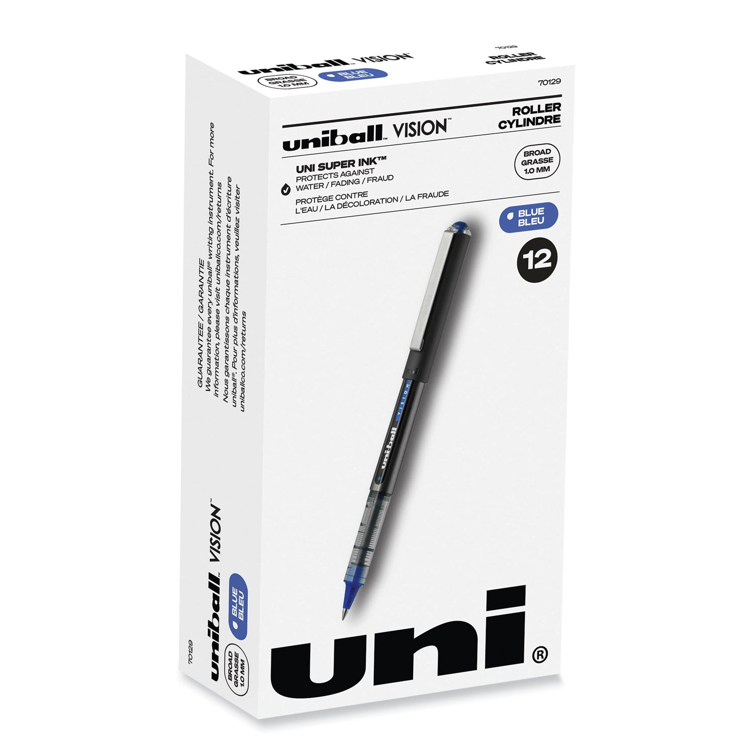uni-ball VISION Roller Ball Pen, Stick, Bold 1 mm, Blue Ink, Black/Blue/Clear Barrel, Dozen (70129)