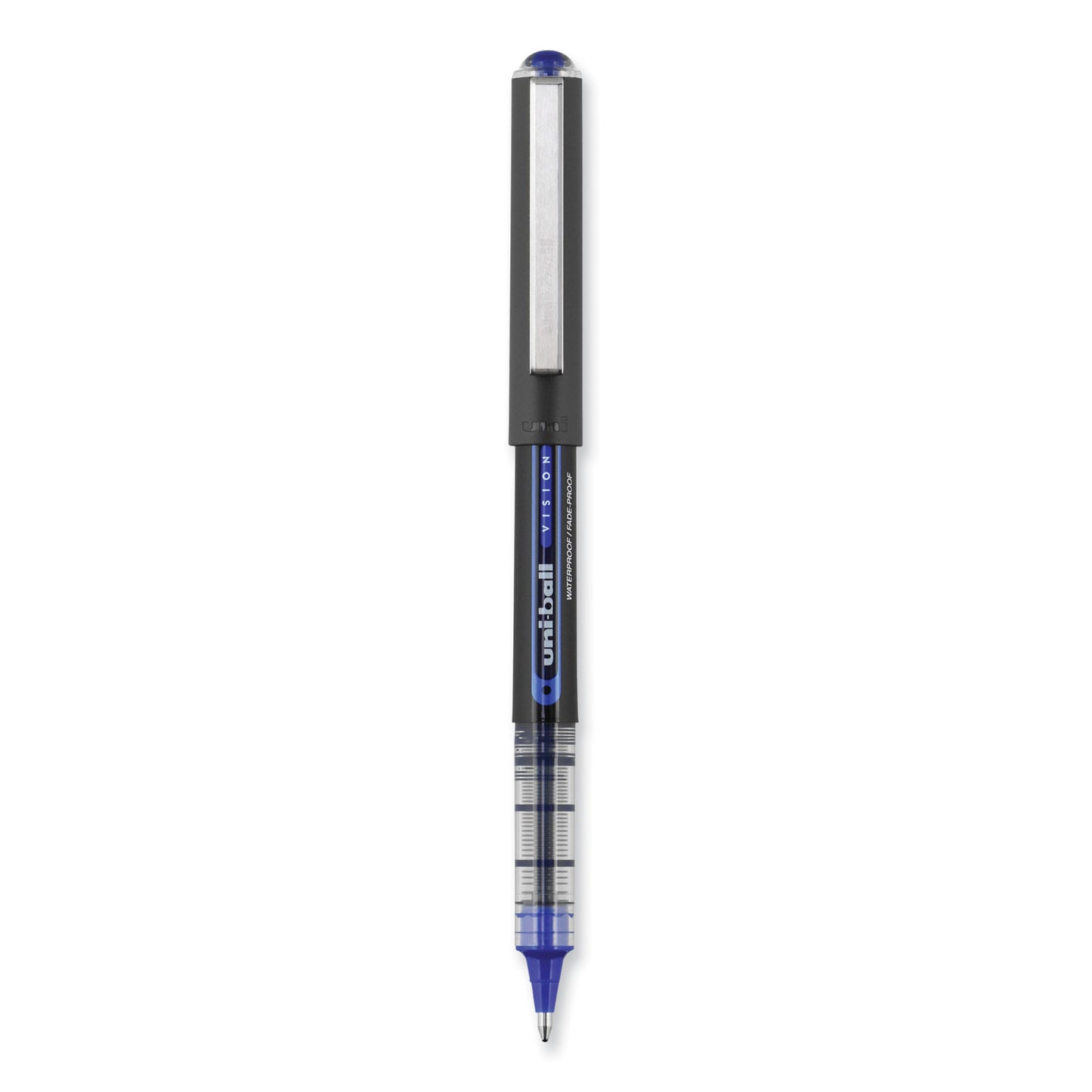 uni-ball VISION Roller Ball Pen, Stick, Bold 1 mm, Blue Ink, Black/Blue/Clear Barrel, Dozen (70129)