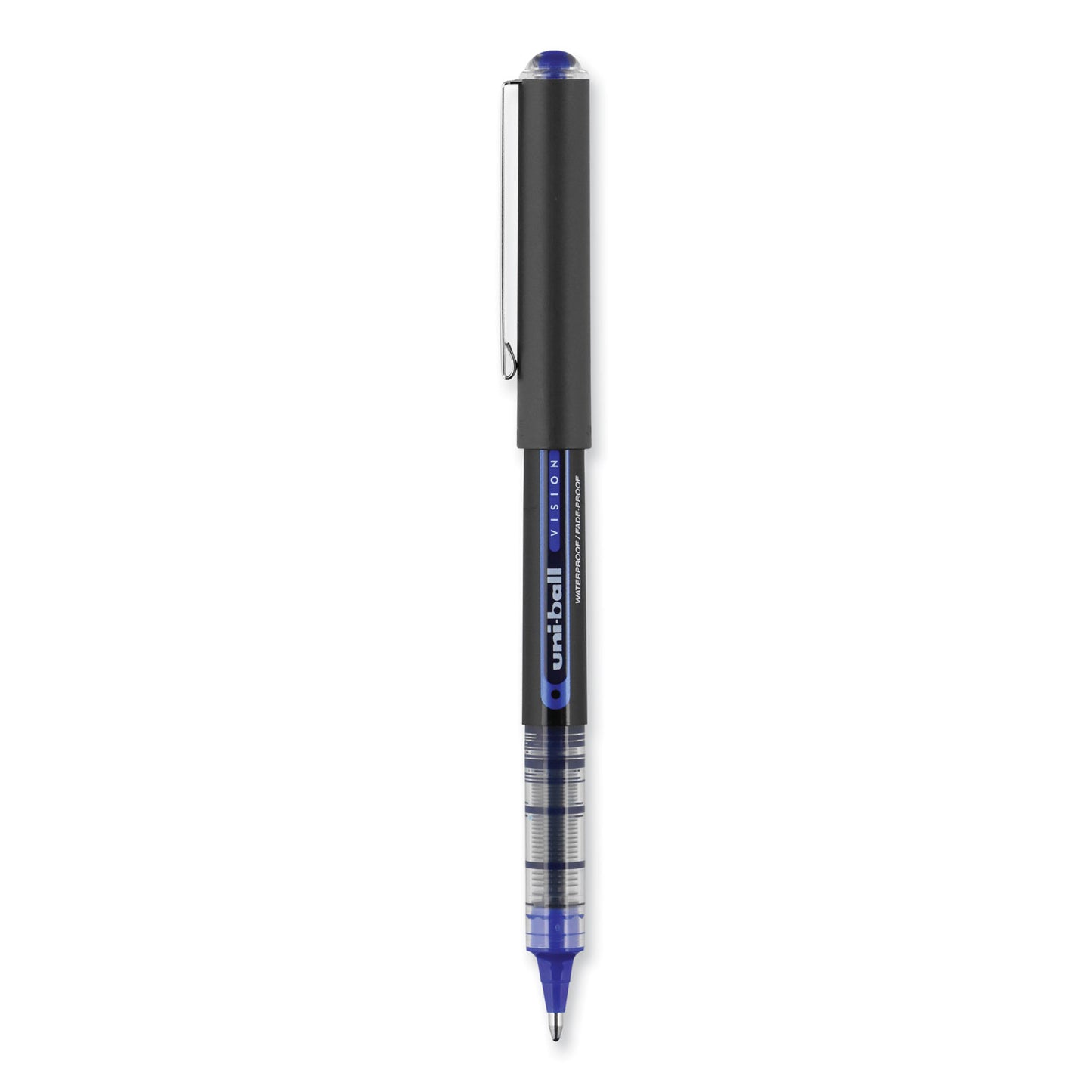 uni-ball VISION Roller Ball Pen, Stick, Bold 1 mm, Blue Ink, Black/Blue/Clear Barrel, Dozen (70129)