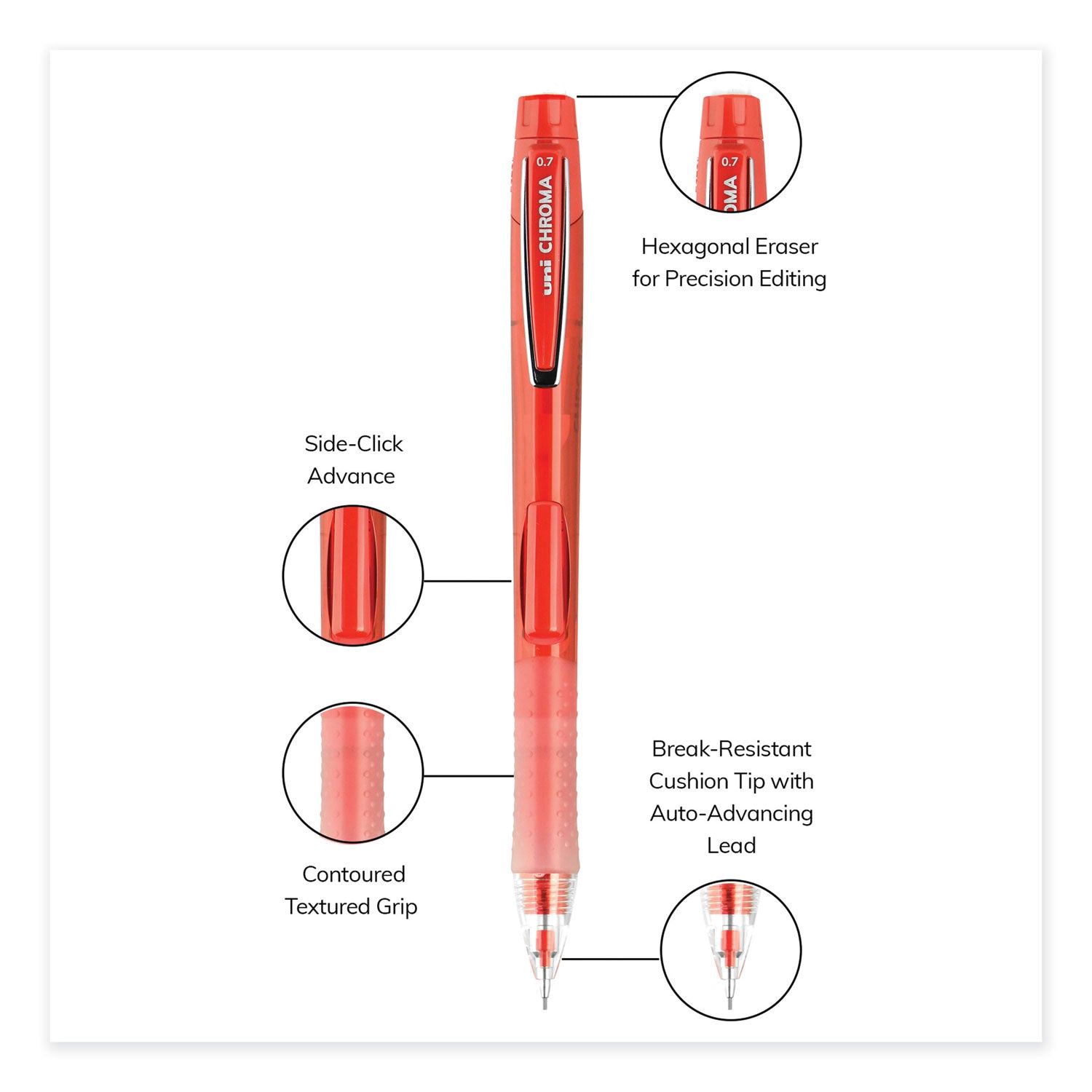 uni-ball Chroma Mechanical Pencil, 0.7 mm, HB (#2), Black Lead, Red Barrel, Dozen (70135)