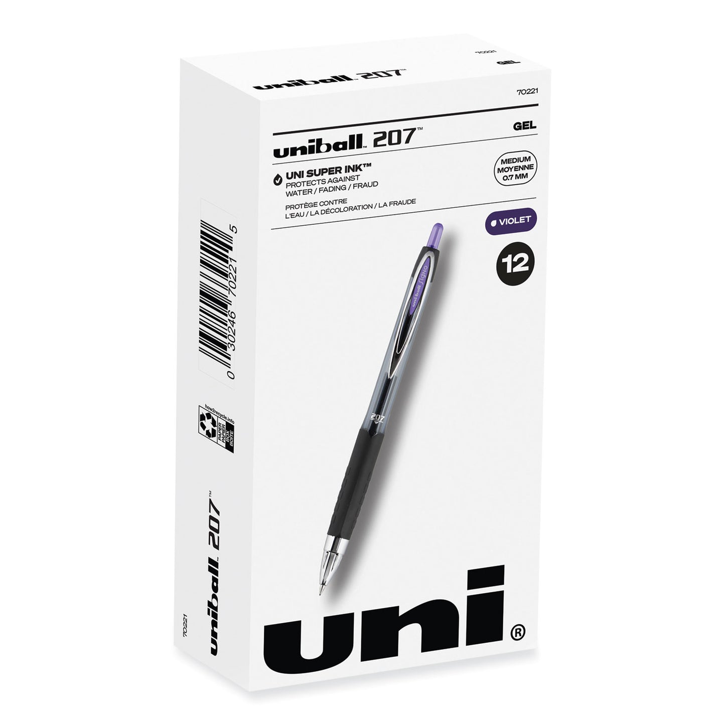 uni-ball Signo 207 Gel Pen, Retractable, Medium 0.7 mm, Violet Ink, Smoke/Black/Violet Barrel, Dozen (70221)