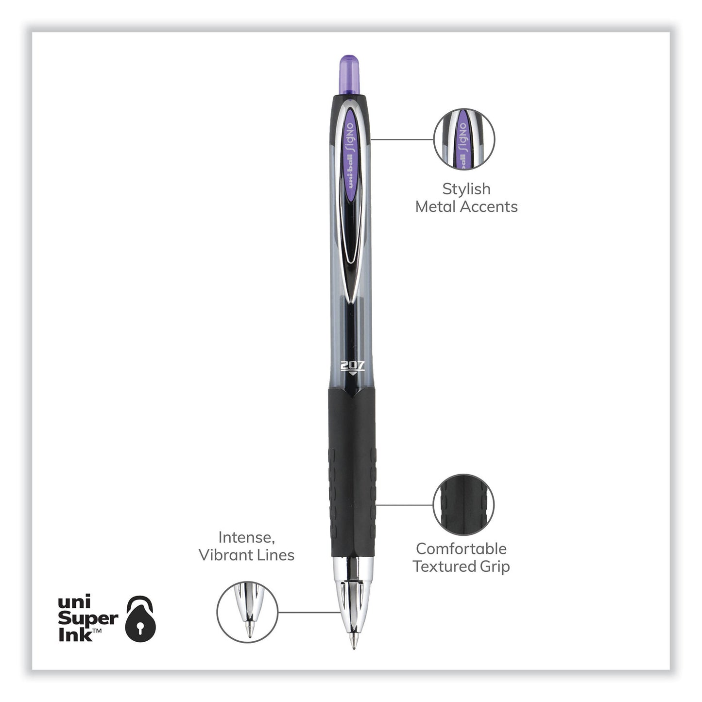 uni-ball Signo 207 Gel Pen, Retractable, Medium 0.7 mm, Violet Ink, Smoke/Black/Violet Barrel, Dozen (70221)