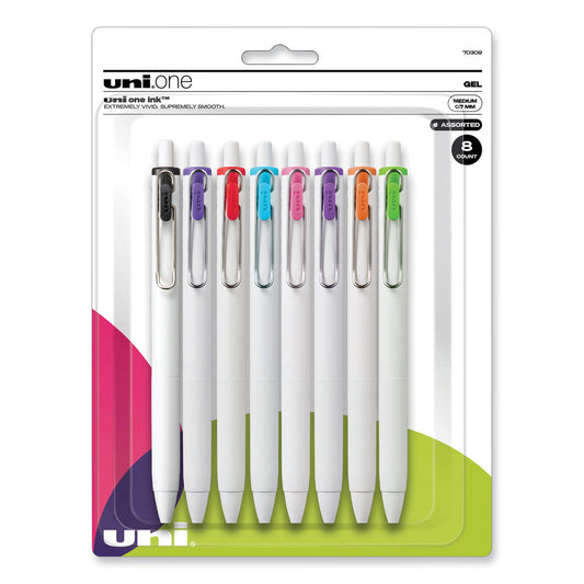 uni-ball uniONE Gel Pen, Retractable, Medium 0.7 mm, Assorted Inspirational Ink Colors, Assorted Barrel Colors, 8/Pack (70309)