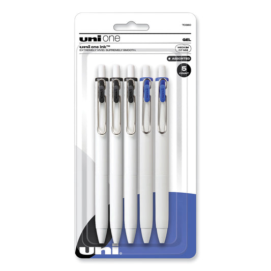 uni-ball uniONE Gel Pen, Retractable, Medium 0.7 mm, Assorted Business Ink Colors, Assorted Barrel Colors, 5/Pack (70380)