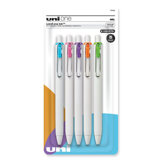 uni-ball uniONE Gel Pen, Retractable, Medium 0.7 mm, Assorted Fashion Ink Colors, Assorted Barrel Colors, 5/Pack (70381)