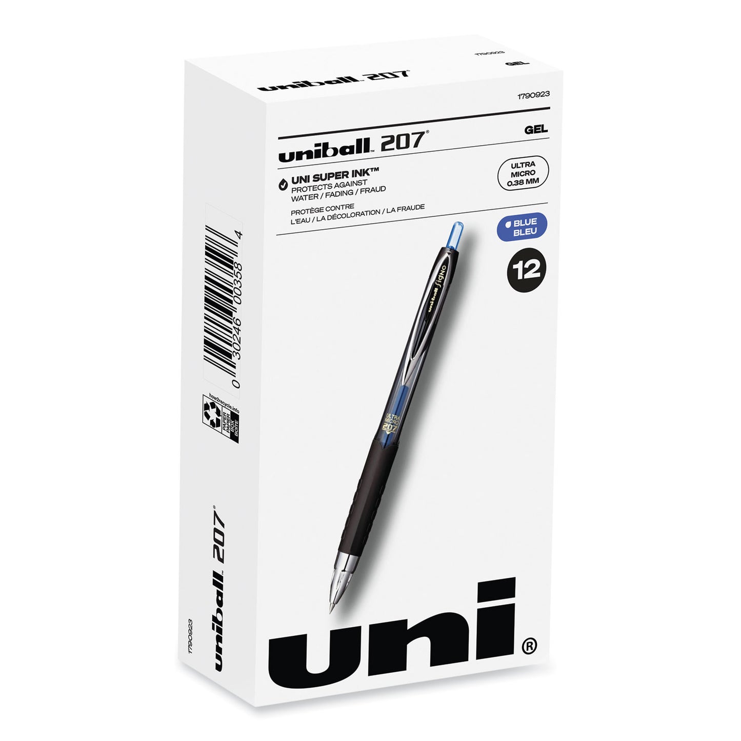 uni-ball 207 Signo Gel Ultra Micro Gel Pen, Retractable, Extra-Fine 0.38 mm, Blue Ink, Clear/Black Barrel (1790923)