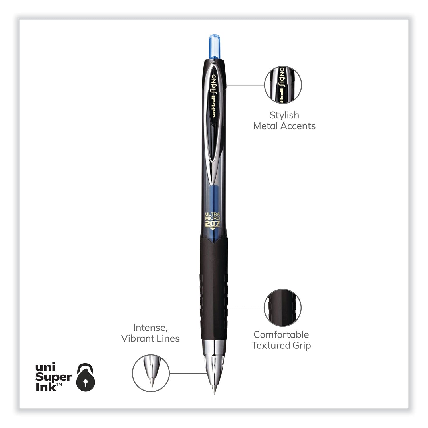 uni-ball 207 Signo Gel Ultra Micro Gel Pen, Retractable, Extra-Fine 0.38 mm, Blue Ink, Clear/Black Barrel (1790923)