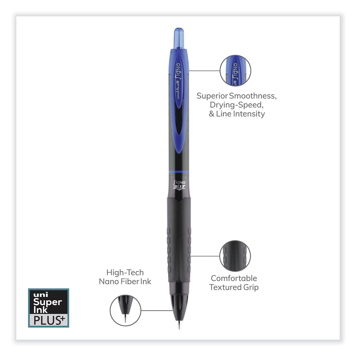 uni-ball 307 Gel Pen, Retractable, Medium 0.7 mm, Blue Ink, Blue Barrel, 3/Pack (1927593)