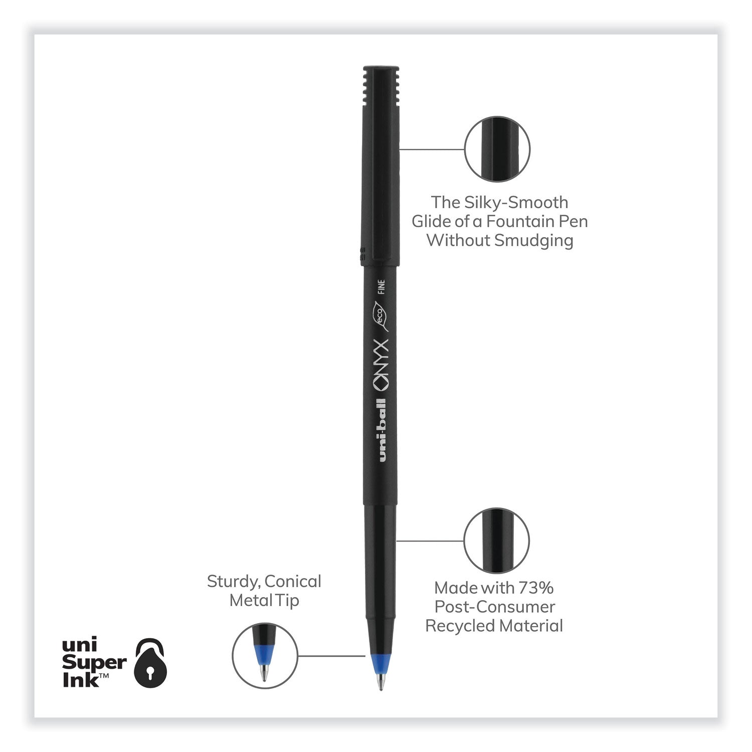 uni-ball ONYX Roller Ball Pen, Stick, Fine 0.7 mm, Blue Ink, Black/Blue Barrel, 72/Pack (2013568)