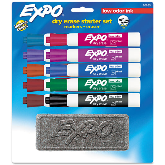 EXPO Low-Odor, Dry Erase 10-Color Marker and Eraser Set, Broad Chisel Tip, Assorted Colors, 10/Set (80835)