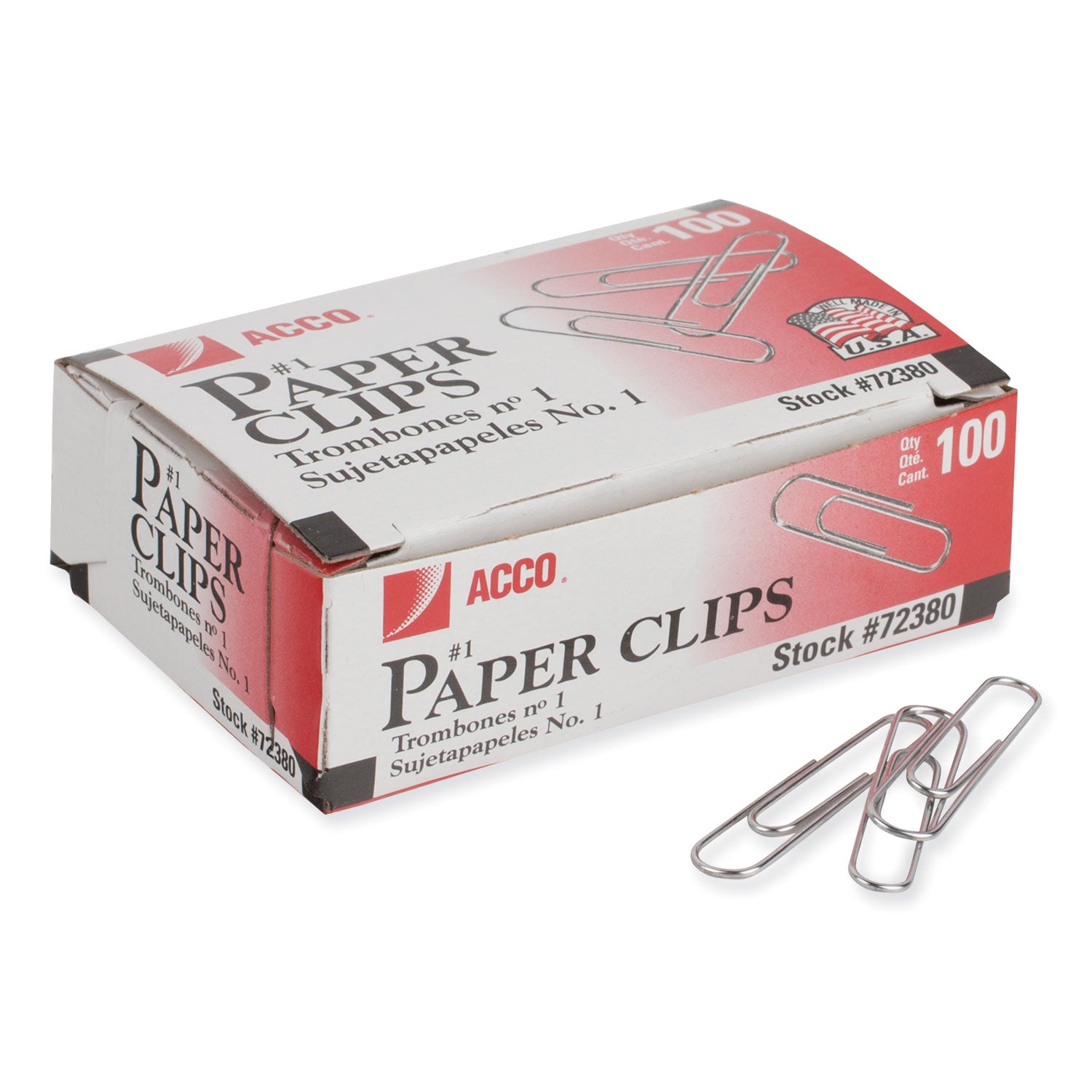 Acco Paper Clips, #1, Smooth, Silver, 100 Clips/Box, 10 Boxes/Pack (72380)