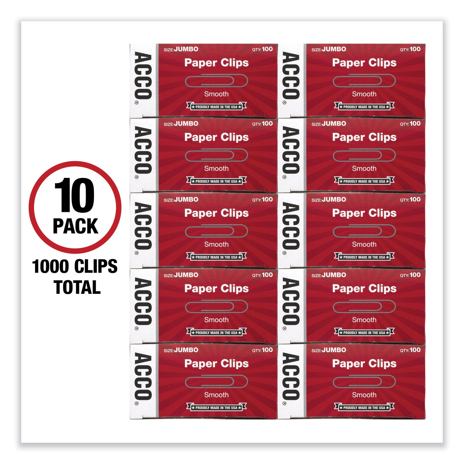 Acco Paper Clips, Jumbo, Smooth, Silver, 100 Clips/Box, 10 Boxes/Pack (72580)