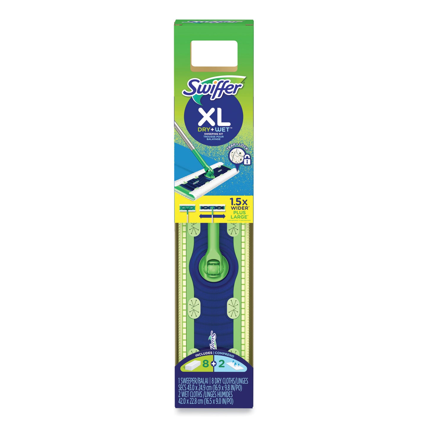 Swiffer Sweeper Mop, 16.5 x 9 White Cloth Head, 46" Green/Silver Aluminum/Plastic Handle (01096)