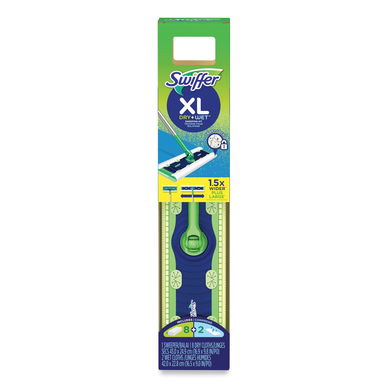 Swiffer Sweeper Mop, 16.5 x 9 White Cloth Head, 46" Green/Silver Aluminum/Plastic Handle (01096)