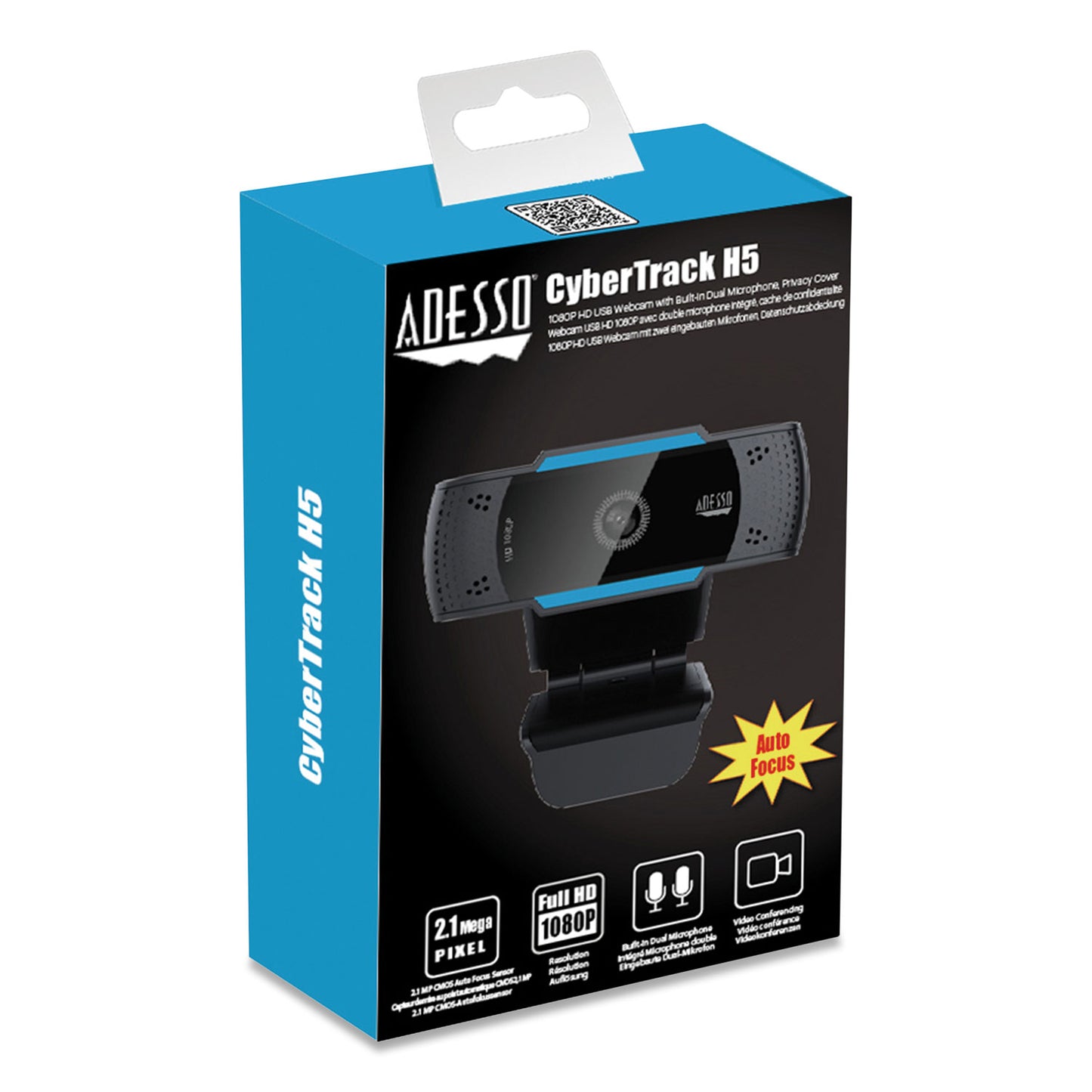 Adesso CyberTrack H5 1080P HD USB AutoFocus Webcam with Microphone, 1920 Pixels x 1080 Pixels, 2.1 Mpixels, Black