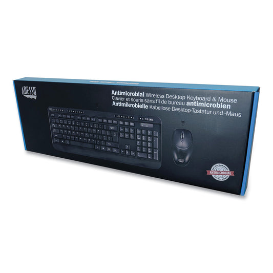 Adesso WKB-1320CB Antimicrobial Wireless Desktop Keyboard and Mouse, 2.4 GHz Frequency/30 ft Wireless Range, Black