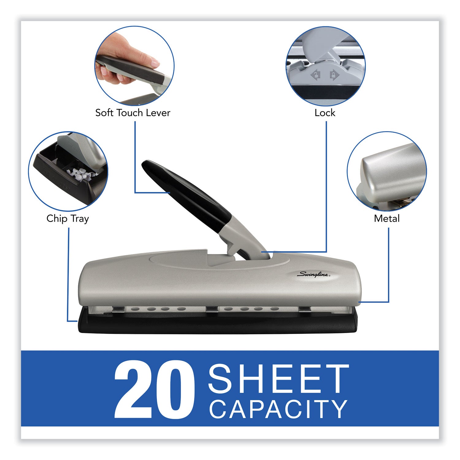 Swingline 20-Sheet LightTouch Desktop Two- to Seven-Hole Punch, 9/32" Holes, Silver/Black (74030)