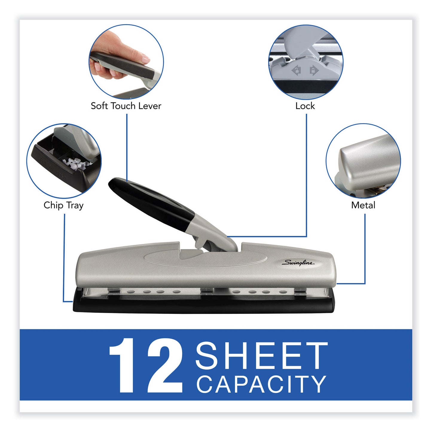 Swingline 12-Sheet LightTouch Desktop Two- to Three-Hole Punch, 9/32" Holes, Black/Silver (74026)