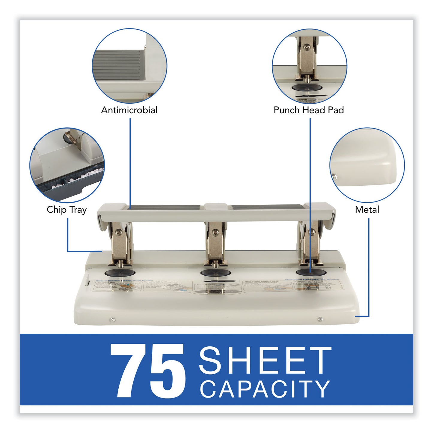 Swingline 75-Sheet Heavy-Duty High-Capacity Three-Hole Adjustable Punch, 9/32" Holes, Putty/Gray (74550)