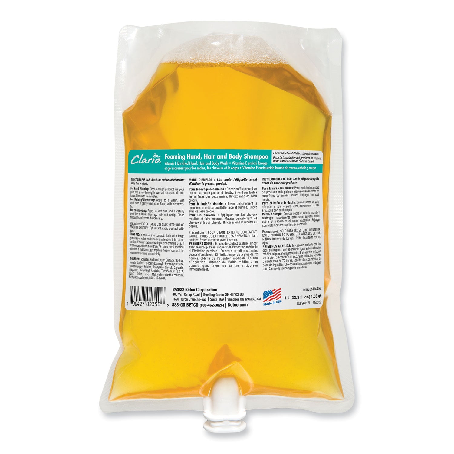 Betco Foaming Hand, Hair and Body Shampoo, Fresh Scent, 1,000 mL, 6/Carton (7532900)