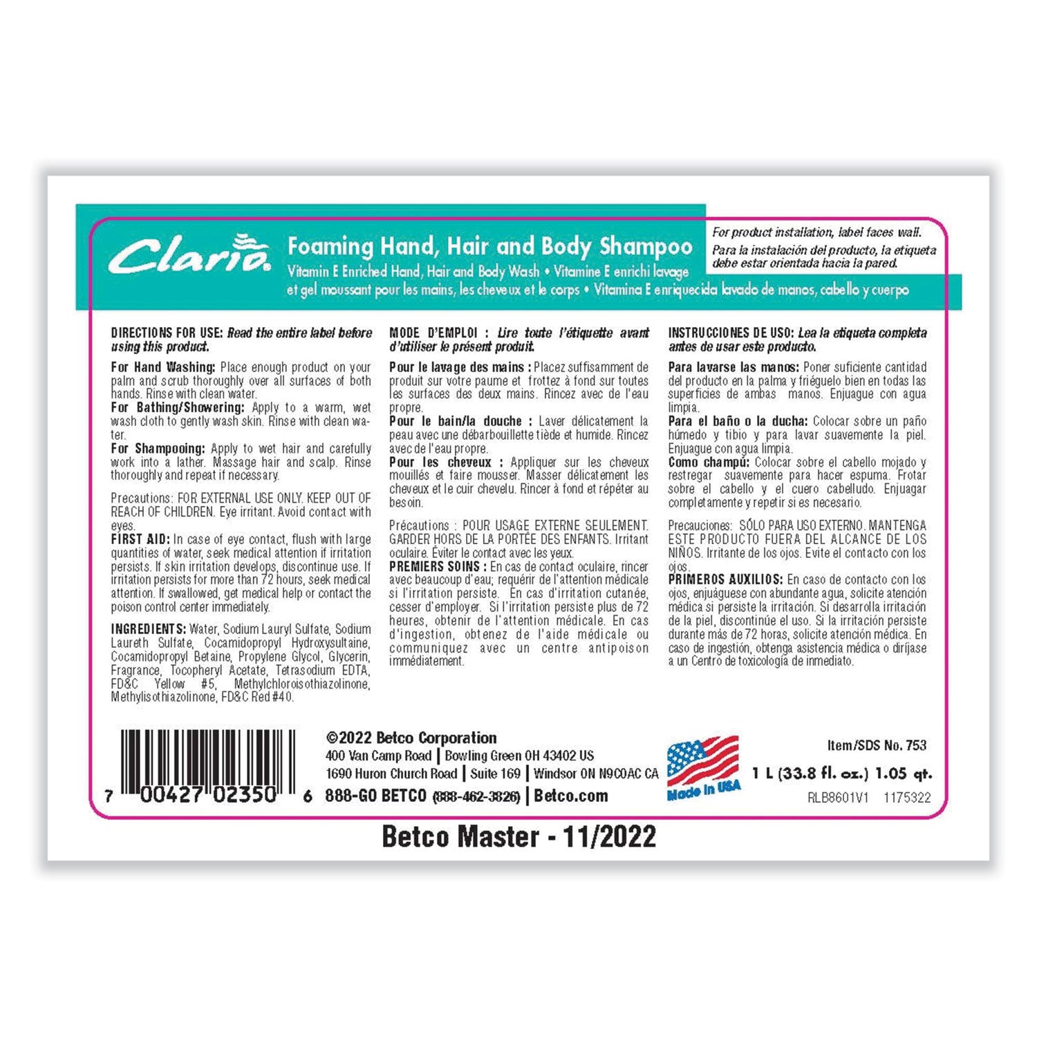 Betco Foaming Hand, Hair and Body Shampoo, Fresh Scent, 1,000 mL, 6/Carton (7532900)