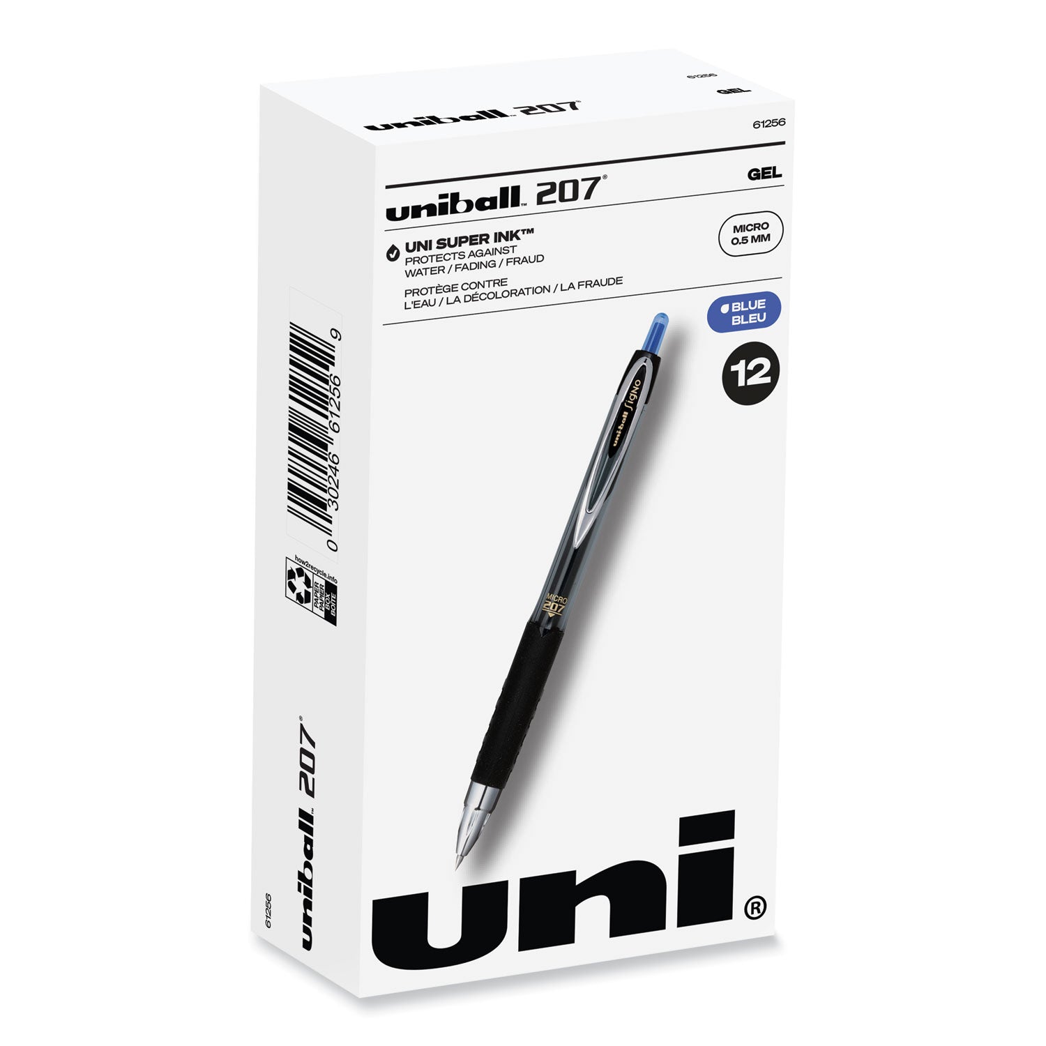 uni-ball Signo 207 Gel Pen, Retractable, Fine 0.5 mm, Blue Ink, Smoke/Black/Blue Barrel, Dozen (61256)