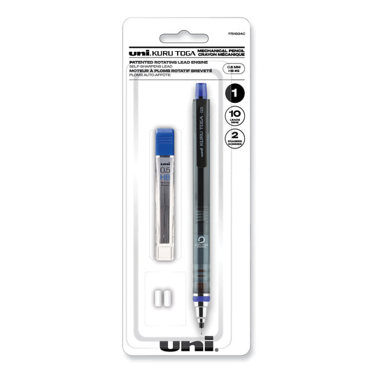 uni-ball KuruToga Mechanical Pencil with Tube of Lead/Erasers, 0.5 mm, HB (#2), Black Lead, Black Barrel (1751934)