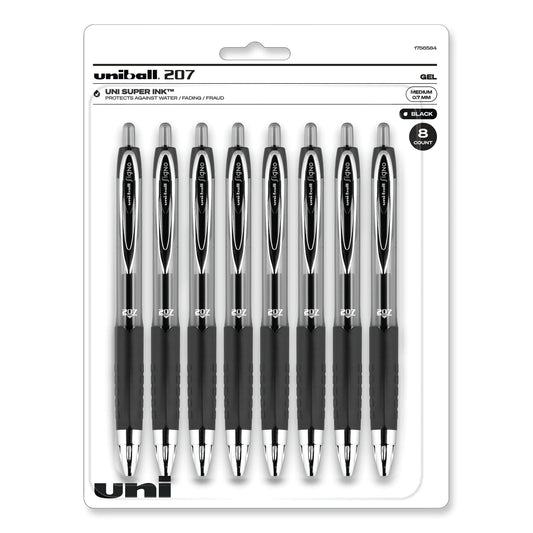 uni-ball Signo 207 Gel Pen, Retractable, Medium 0.7 mm, Black Ink, Clear/Black Barrel, 8/Pack (1756584)