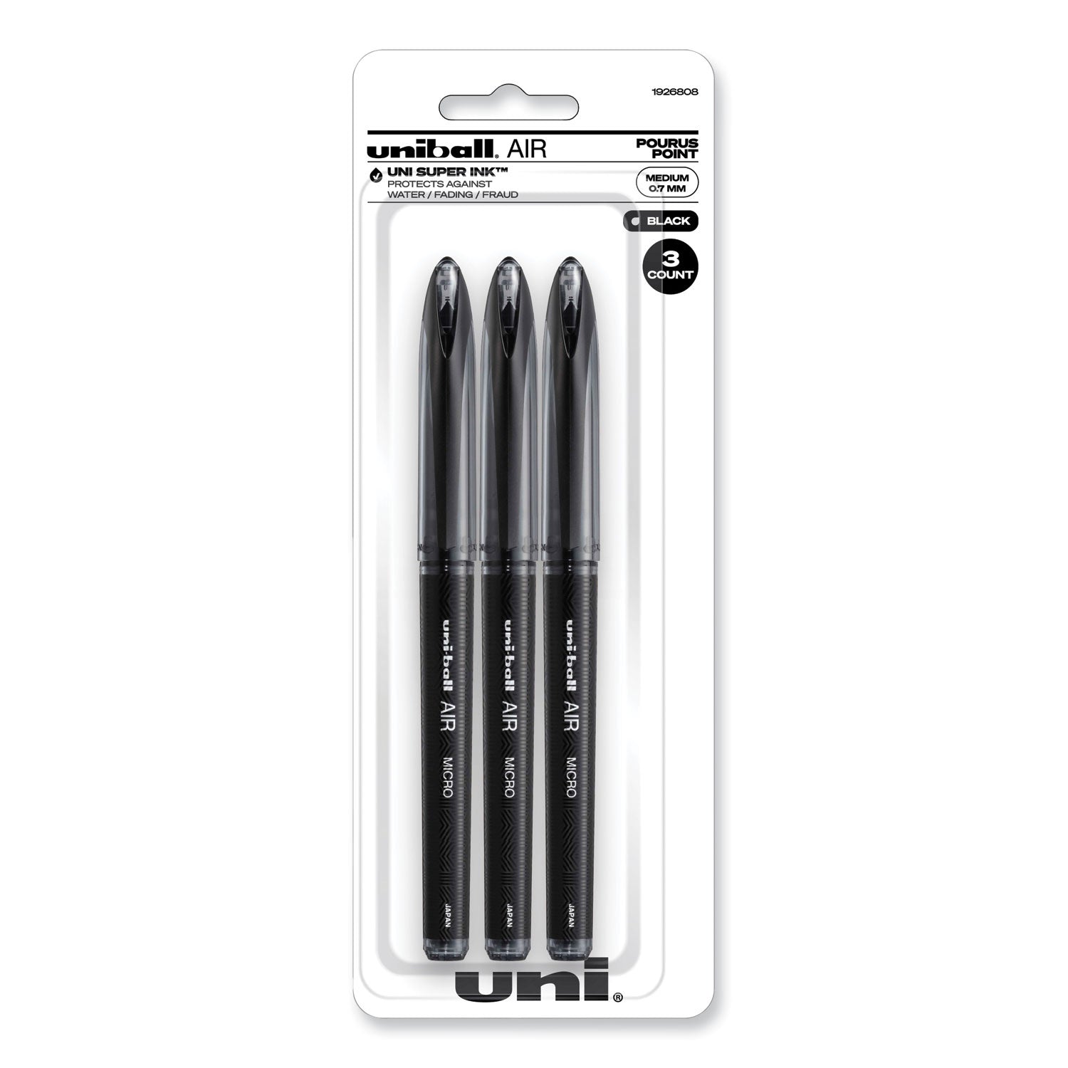 uni-ball AIR Porous Gel Pen, Stick, Medium 0.7 mm, Black Ink, Black Barrel, 3/Pack (1926808)