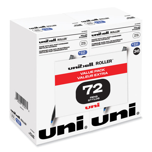 uni-ball Roller Ball Pen, Stick, Extra-Fine 0.5 mm, Blue Ink, Black/Blue Barrel, 72/Pack (2013566)