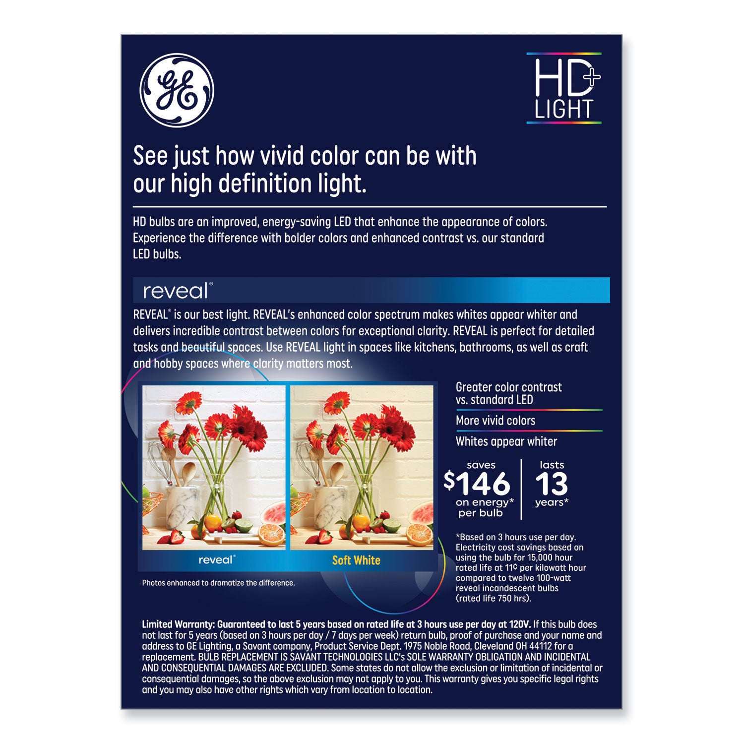 GE Reveal HD+ LED A19 Light Bulb, 11 W, 4/Pack (93127996)