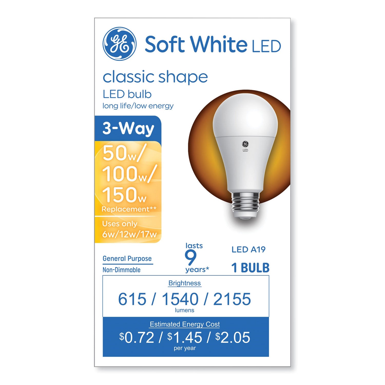 GE Classic LED SW Non-Dim A19 3-Way Light Bulb, 6 W