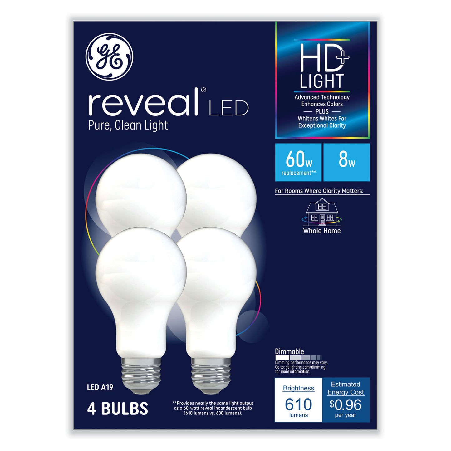 GE Reveal HD+ LED A19 Light Bulb, 8 W, 4/Pack (93129439)