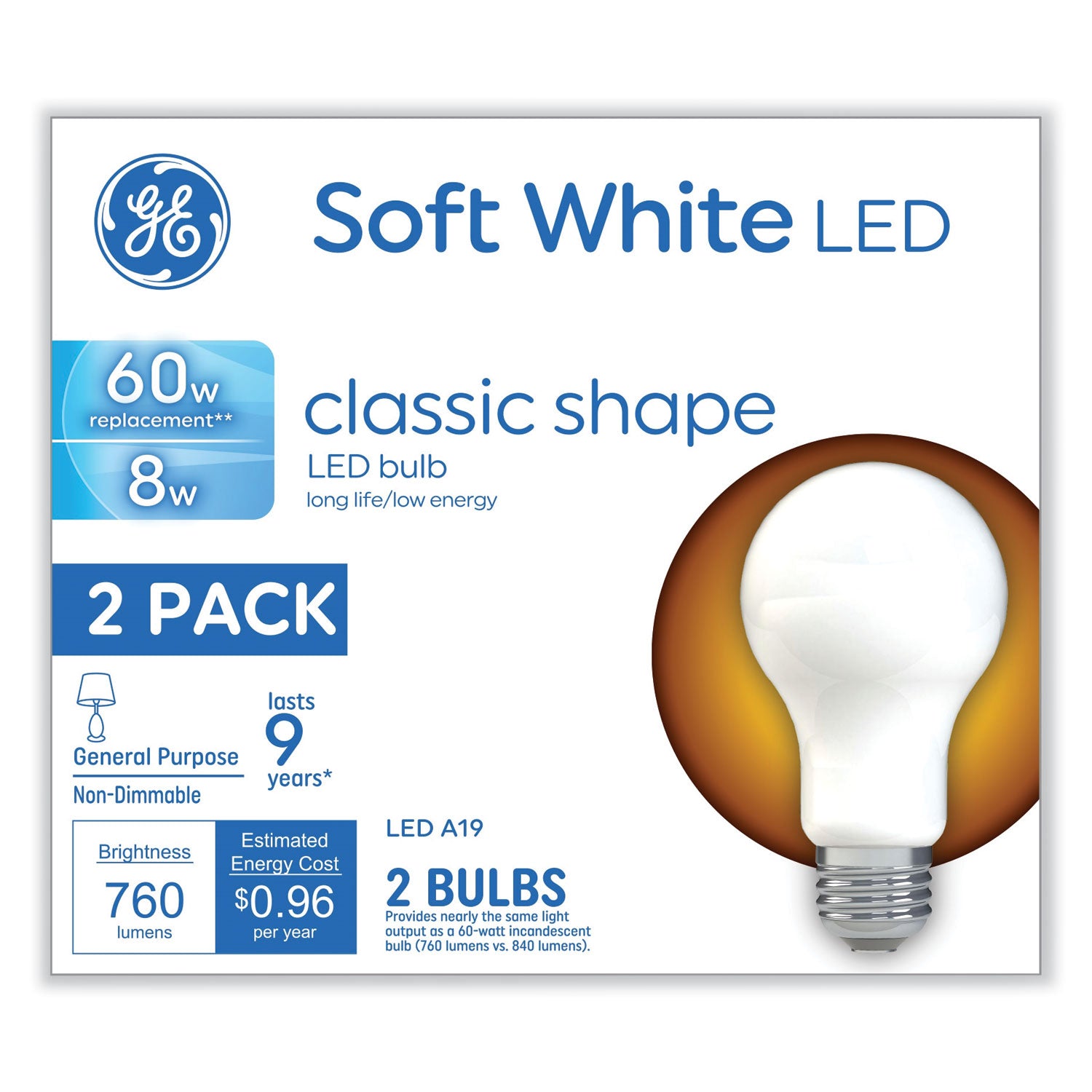 GE Classic LED Non-Dim A19 Light Bulb, 8 W, Soft White, 2/Pack (93105686)