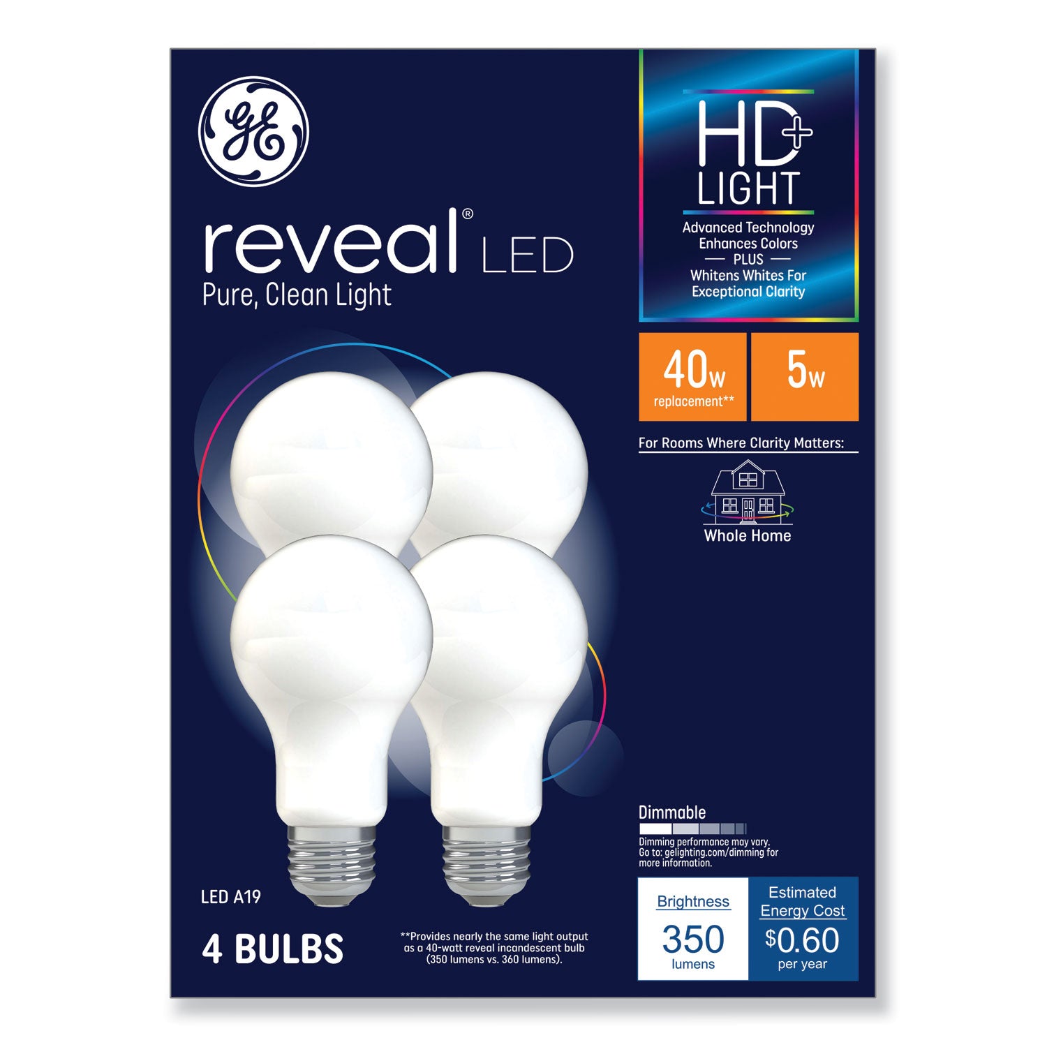 GE Reveal HD+ LED A19 Light Bulb, 5 W, 4/Pack (46650)